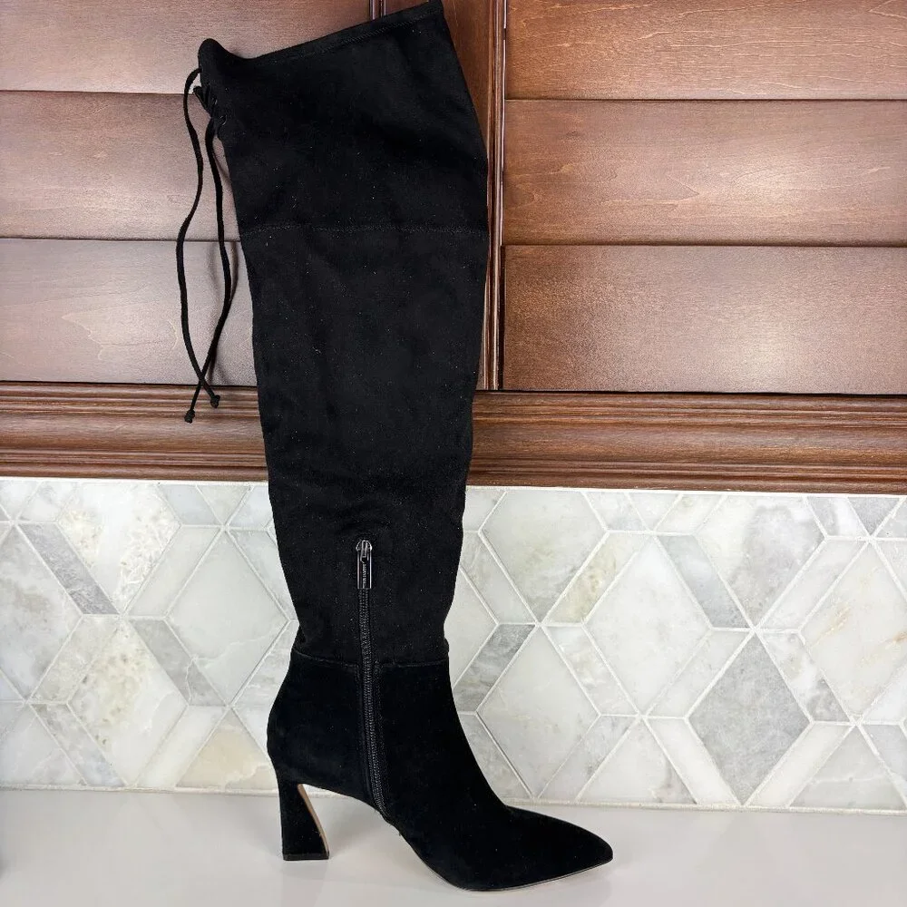 8 Suede Knee High Tall Boot Curvy Heel Pointed Toe Leather Suede Tie Taplana
